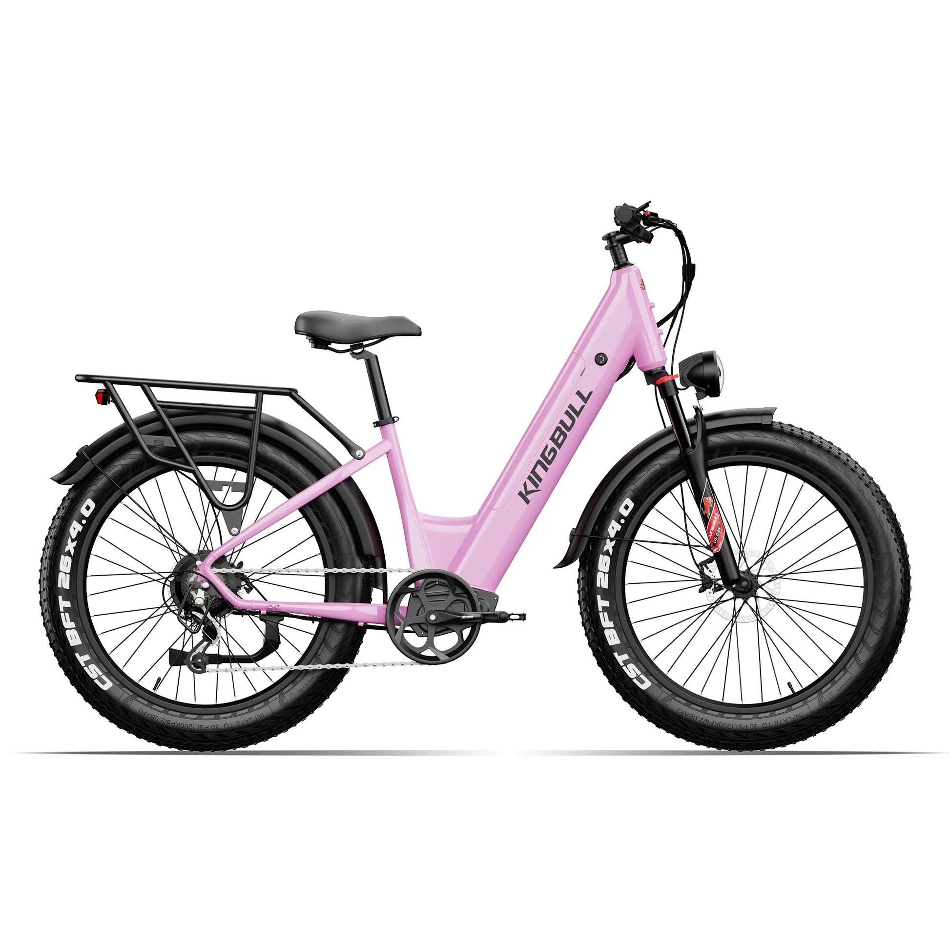 Kingbull Discover ST 2.0 electric bike in black, full side view showing 26-inch fat tires and step-through frame