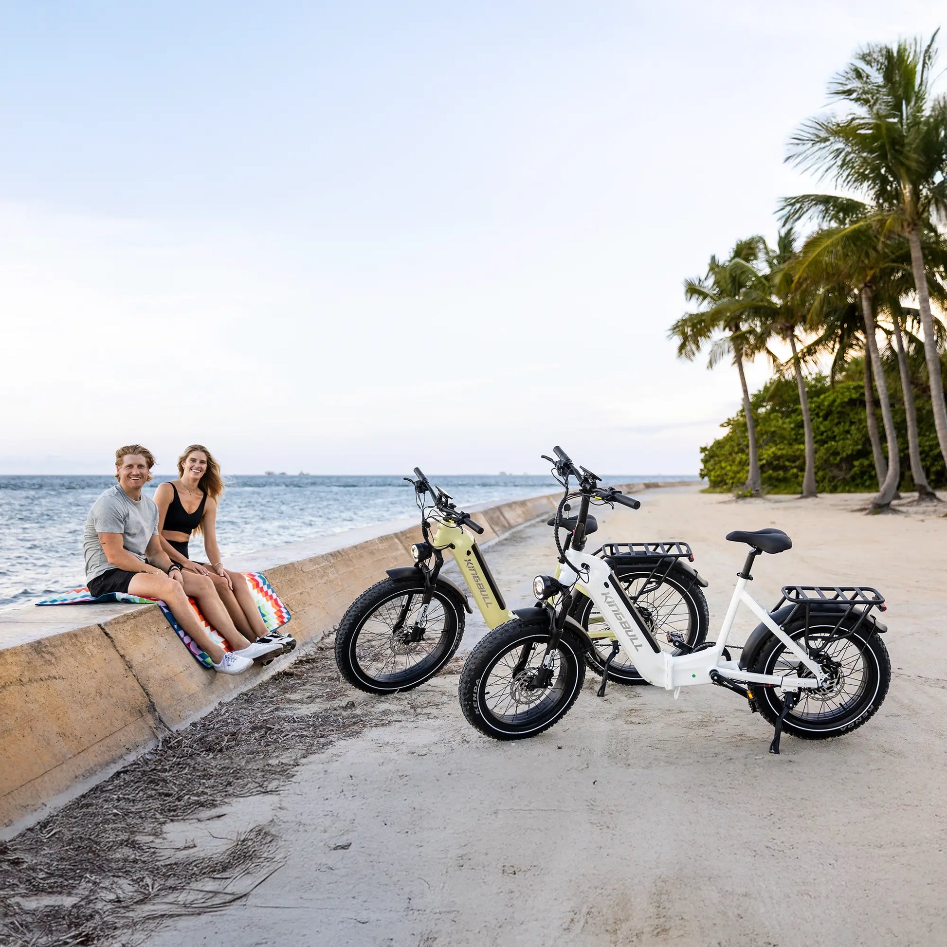 A couple parked their kingbull electric bikes next to rest by the sea