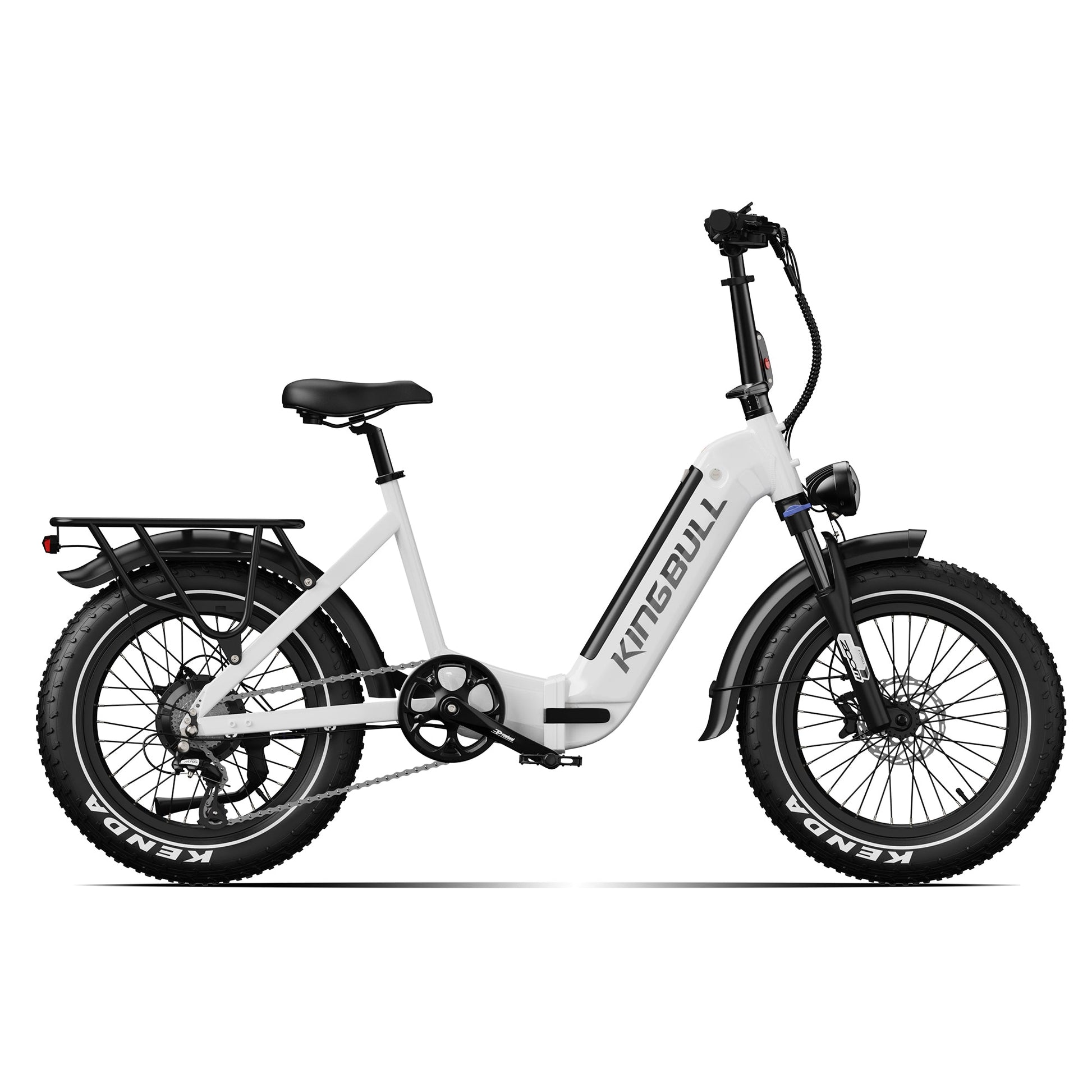Kingbull Verve white folding electric bike full side view showing long range fat tire design